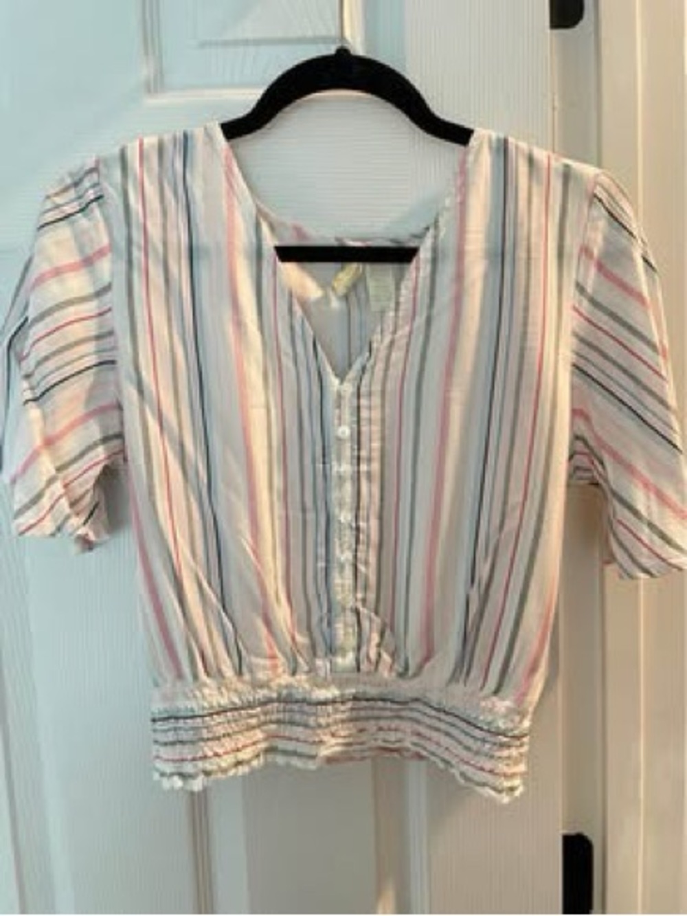 Striped Short Sleeve Smocked Hem Blouse - White with Pastel Stripes